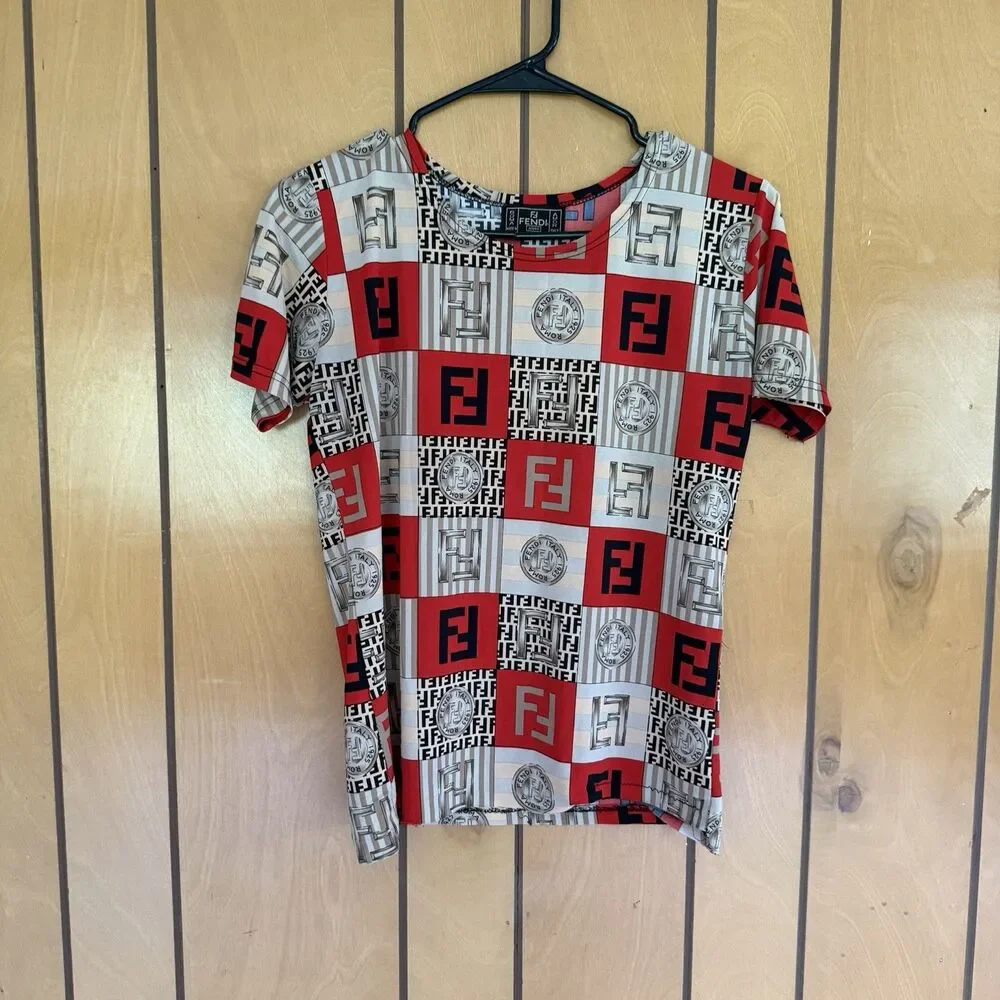 Vintage Fendi Jeans Logo Coin Print Shirt Size M Red Brown Top Women’s Blouse - Picture 7 of 13